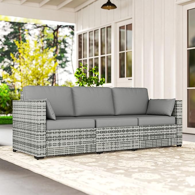 Outsunny Patio Couch PE Wicker Deep Seating Outdoor Sofa with Removable Cushions, 3 Seater Rattan Sofa, Outdoor Furniture for Balcony, Deck, Garden and Poolside, Gray