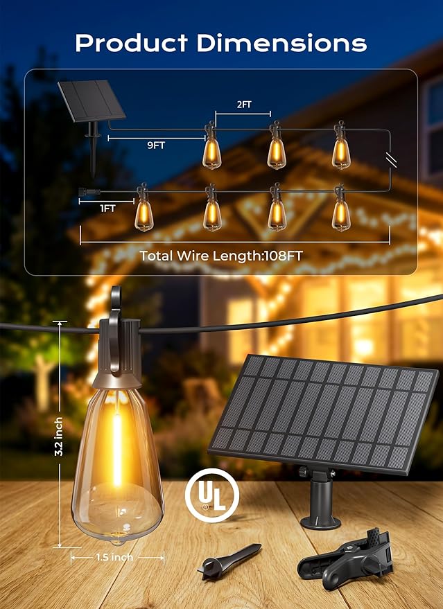 Brightown 108FT 50 LED Solar String Lights Outdoor Waterproof, Patio Lights with Remote, Dimmable & Timable, 3 Light Modes, Solar Lights Outdoor for Yard Camping Party Outside