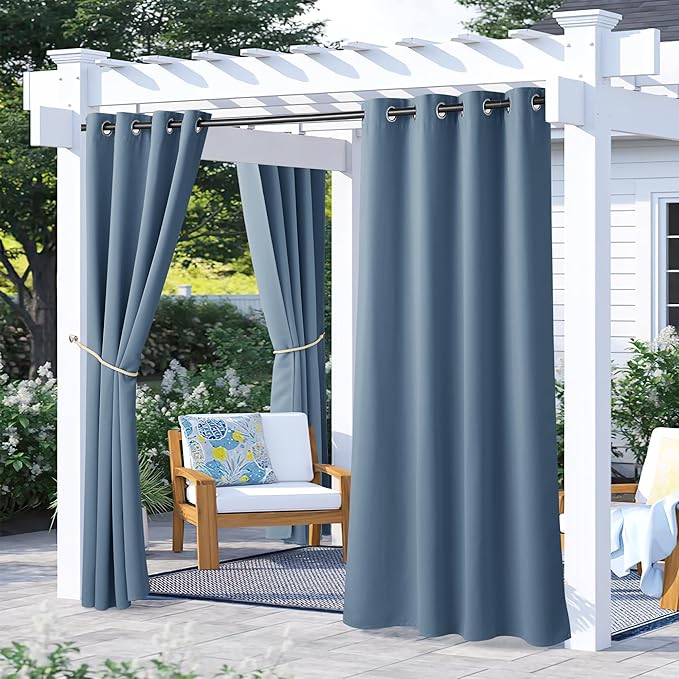 NICETOWN 2 Panels Stone Blue Blackout Outdoor Curtains for Patio Waterproof, Rustproof Grommet Cold & Light Blocking Thermal Insulated Indoor Outdoor Drapes for Front Porch & Canvas, W52 x L72