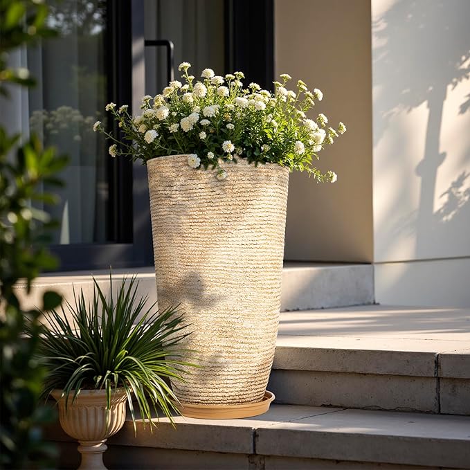 QCQHDU Set of 2 9 Gallon Tall Large planters for Outdoor/Indoor Plants of 12" Dia x 21" H Round Flower Pots Set Faux Stone Finish Front Door Patio Square Porch Planters with Tray, Beige