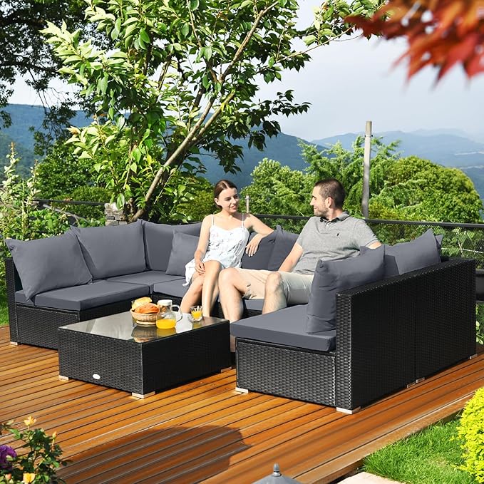 Tangkula 7-Piece Patio Furniture Set, Outdoor Sectional Sofa with Pillows and Cushions, Wicker Conversation Set with Coffee Table and Tea Table for Garden, Lawn (Grey)