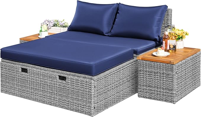 Flamaker Outdoor Rattan Lounge Chair with 2 Side Tables, Multifunctional Outdoor Patio Daybed with Footrest, Cushions, Storage Ottoman,Chaise Lounge Chair for Backyard Porch Poolside(Deep Blue)