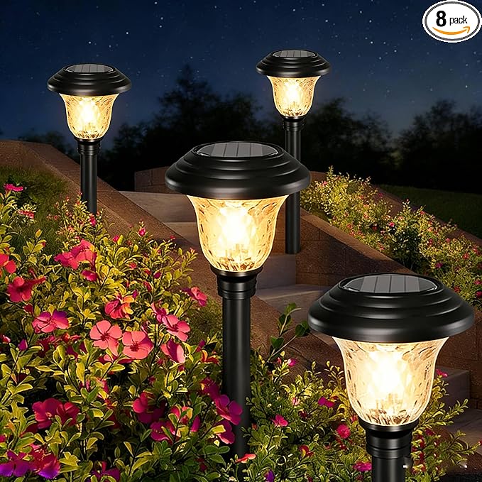 Beau Jardin 8 Pack Solar Pathway Lights White+Color Changing Stainless Steel 3 Mode Outdoor Multicolor Metal Solar Powered Waterproof Glass for Garden Landscape Path Yard Walkway Driveway Black