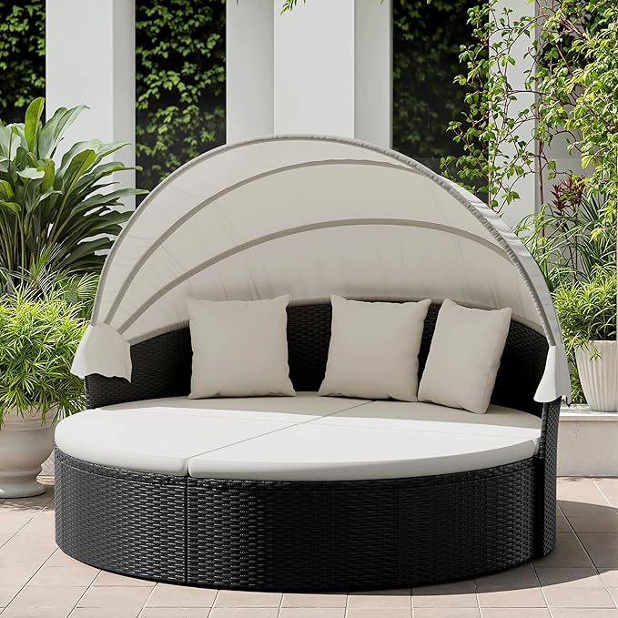 Patio Furniture Round Outdoor Daybed with Retractable Canopy Wicker Rattan Sectional Sofa for Lawn Garden Backyard Pool (Beige)