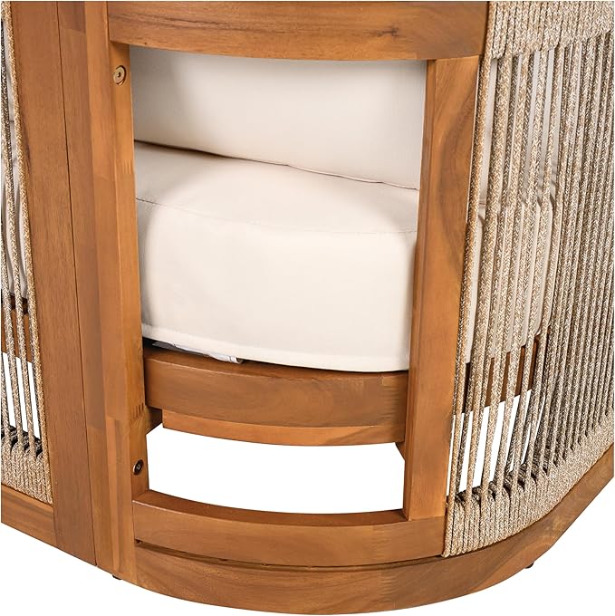 Merax 4-Piece Patio Premium Acacia Wood Outdoor Furniture Set,All Weather Curved Tub Design with Woven Rope Accents Loveseat Chairs and Table for Backyard, Balcony and Deck,Teak+ Beige
