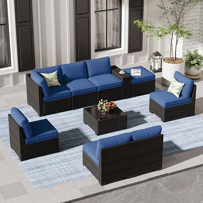 Jing's Villa 9-Piece Patio Furniture Set, All-Weather Outdoor Wicker Sectional Sofa with Cushions, Tempered Glass Table & Ottoman, Rattan Conversation Seating for Porch, Garden, Backyard,Navy