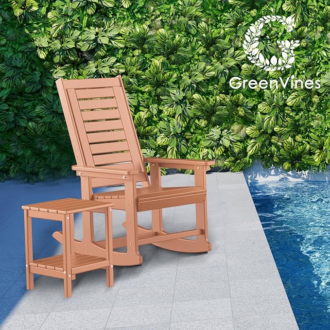 GREENVINES Outdoor Rocking Chairs | Set of 2 | Porch Rocker | HDPE Plastic | Teak | Oversized Rockers | High Back | Big & Tall | Ladder Back | for Patio Outside Backyard Balcony Garden