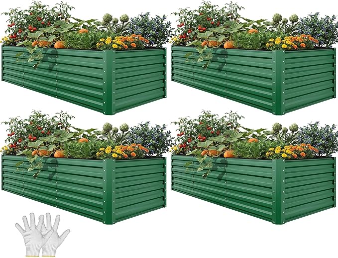 YITAHOME 4pcs 8x4x2 ft Galvanized Raised Garden Bed Kit, Large Metal Planter Box with Gloves, Safety Rubber & Support Rod, Outdoor Flower Bed for Plants Vegetables, Green