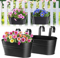 MADHOLLY Railing Planter with Drainage Holes - Sturdy Bucket Pots for Railing Fence, Countryside Style Metal Flower Pots for Herbs Balcony Garden Yard Decor, 2Pcs, Black