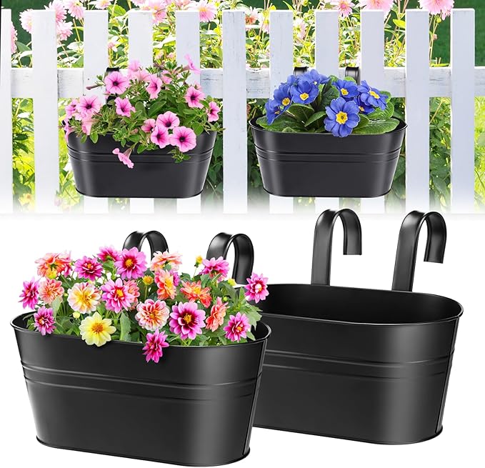 MADHOLLY Railing Planter with Drainage Holes - Sturdy Bucket Pots for Railing Fence, Countryside Style Metal Flower Pots for Herbs Balcony Garden Yard Decor, 2Pcs, Black