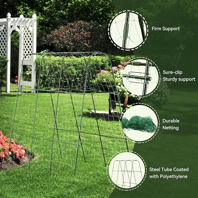 Lalahoni Cucumber Trellis, 65" X 65" Metal Garden Arch Trellis Climbing Plant Outdoor Support for Vine Fruits Flowers Vegetables Peas Beans Squash Cucumber Tomato Raised Bed, with Netting, Lightweight