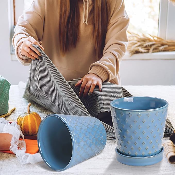 EFISPSS Plant Pots,5 Inch Pots for Indoor Plants,Planters with Drainage Hole and Saucer, Ceramic Flower Pots Desktop Office Windowsill Decoration Gift Set of 4 - Sky Blue