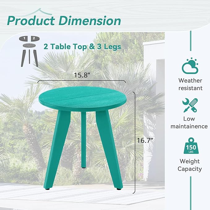 HDPS Outdoor Side Table, Small Round Side Table Weather-Resistant, Outdoor Side Tables for Patio, Porch, Deck, End Table for Plant Stand, Living Room, Bedroom, Turquoise
