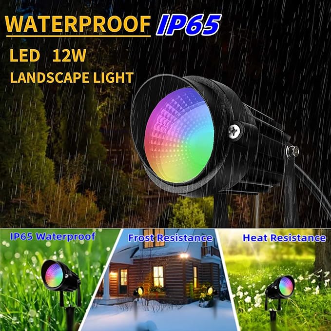 Christmas RGB Spot Lights, Outdoor Spotlights with Timer, 12W Metal Case IP65 Waterproof Color Changing Landscape Lights with Spike Stand for Garden Lawn House Tree (4 Lights)