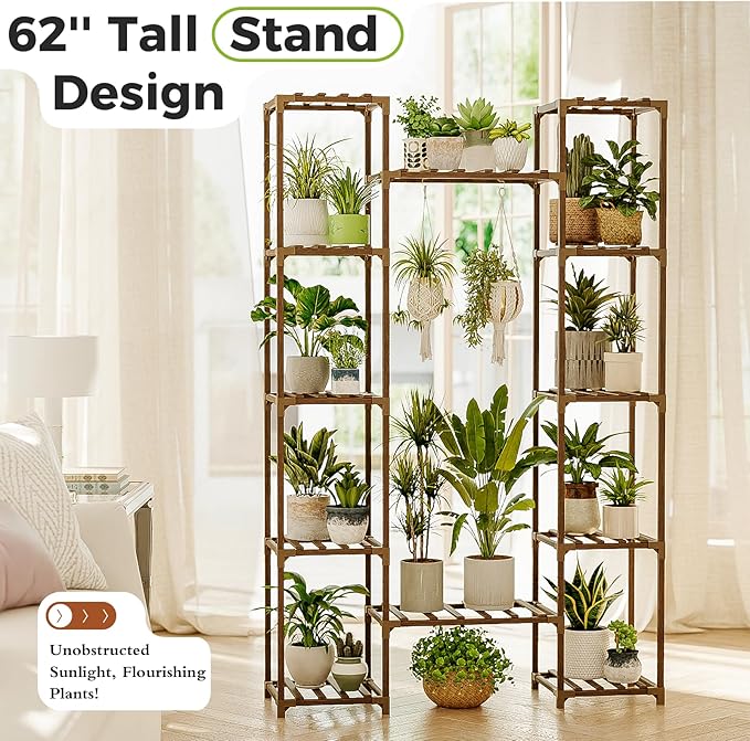 Bamworld Large Plant Stand Indoor Tall Plant Shelf Outdoor Corner Plant Holder for Multiple Plants Flower Stands for Living Room Balcony and Garden