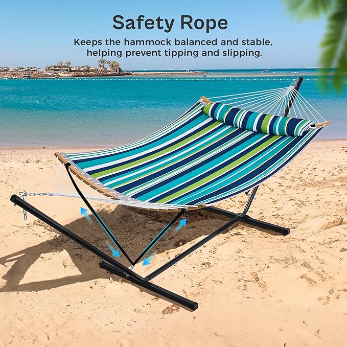 SUPERJARE Hammock with Stand, 2 Person Heavy Duty Hammock with Padded Cotton, Detachable Pillow & Strong Curved-Bar & Portable Carrying Bag, Perfect for Outdoor & Indoor - Dark Cyan