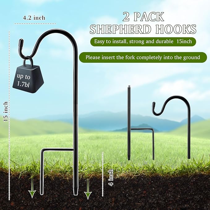 2 Pcs 15 Inch Shepherds Hook for Outdoor Adjustable Bird Feeder Pole Metal Steel Shepard Hooks for Hummingbird Stand Feeder Pole for Garden Plant, Lantern, Hanging Wedding Decor