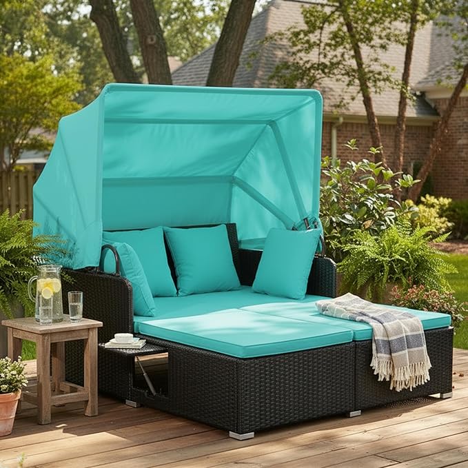 Tangkula Patio Rattan Daybed with Retractable Canopy, Patiojoy Wicker Sun Lounger with 2 Foldable Side Panels, Thick Seat & Back Cushions, for Garden, Backyard, Porch (Turquoise)