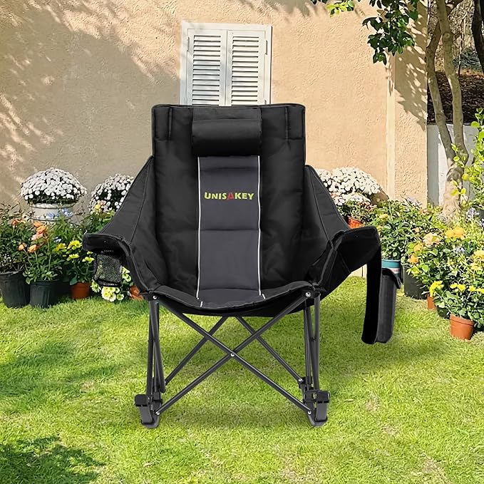 Oversized Rocking Camping Chair with Headrest & Cup Holder - 400lbs Capacity, 600D Oxford Fabric, Easy Fold Portable Outdoor Rocker Chair for Camping, Backyard, Beach, Deep Gray