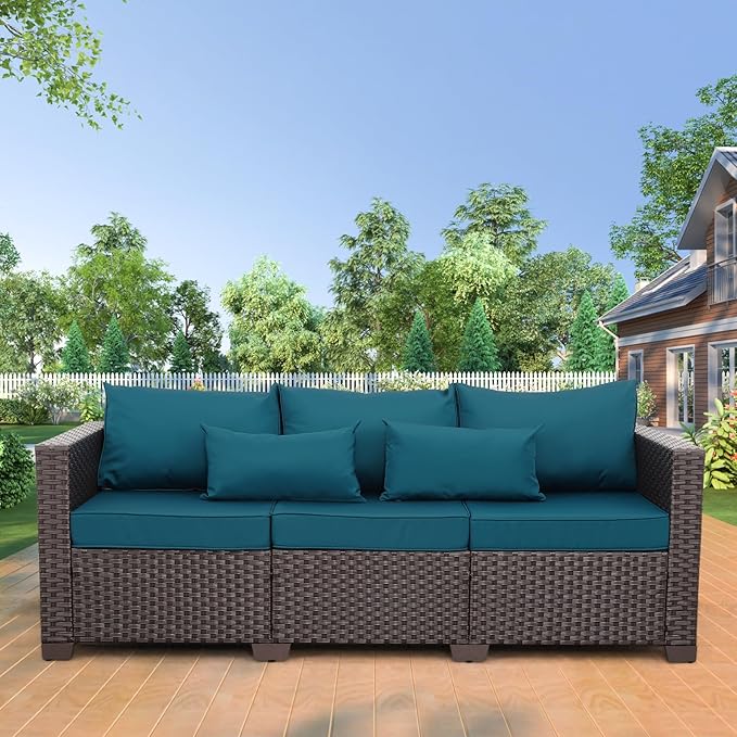 Outdoor Couch 3 Seater Sofa Outdoor Furniture Deep Seat High Backrest Patio Couch with Non-Slip Cushions and Waterproof Cover, Peacock Blue
