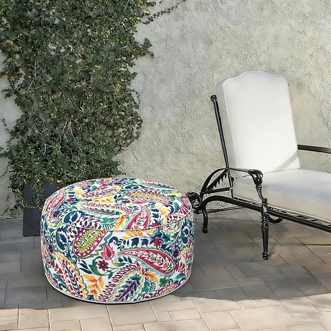 LVTXIII Indoor/Outdoor Extra Large Inflatable Ottoman Pouf D31 x H14 Inch, Round Footstool with Handle, Weather-Resistant Portable Furniture for Patio, Camping, Beach, Vigour Paisley