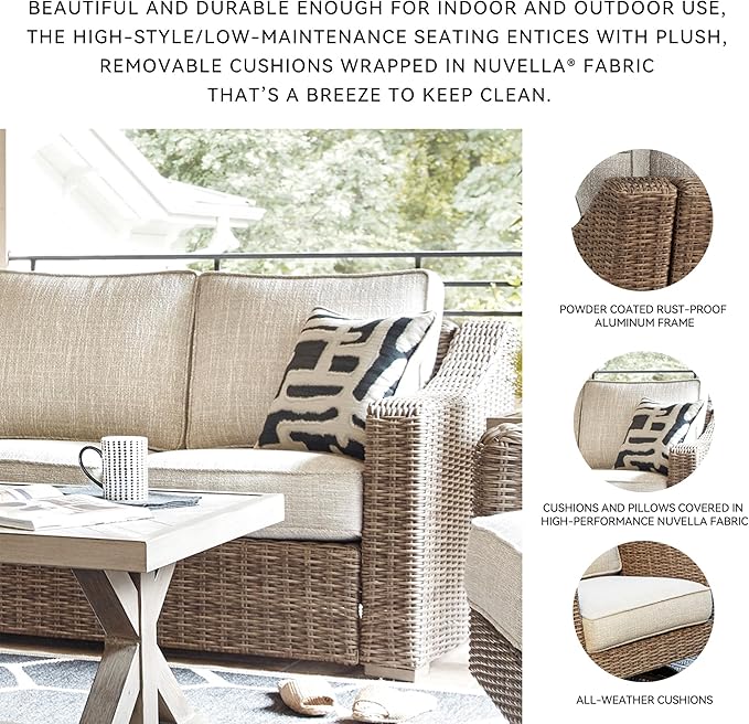 Signature Design by Ashley Beachcroft Outdoor Left & Right Arm Facing Wicker Patio Loveseats, Nuvella Weather Resistant Fabric, Brown & Beige