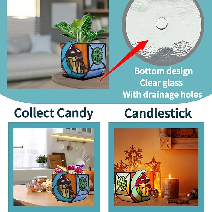 Stained Glass Moon Mushroom Planter, Indoor Decorative Plant Pot with Drainage, Mushroom gifts4.6x3x5.15 Inches
