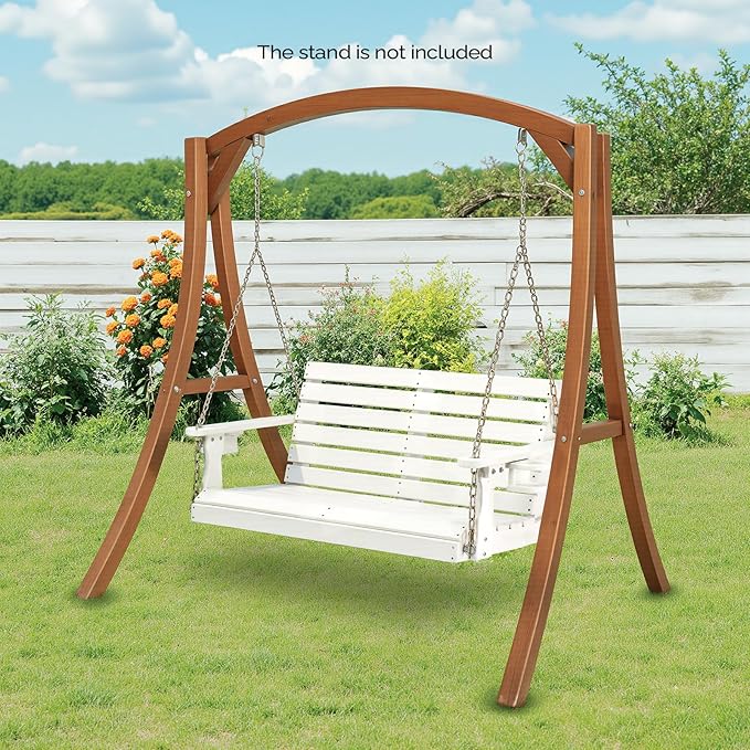 VINGLI Heavy Duty 1600 LBS HDPE Porch Swing Outdoor with Rotatable Cup Holder, 4 FT Patio Bench Swing with Adjustable Chains, 2 Person Hanging Porch Swing Chair for Porch, Yard, Tree, Garden - White