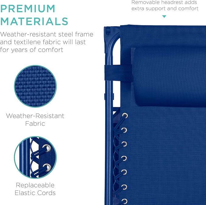 Best Choice Products Folding Zero Gravity Outdoor Recliner Patio Lounge Chair w/Adjustable Canopy Shade, Headrest, Side Accessory Tray, Textilene Mesh - Marine