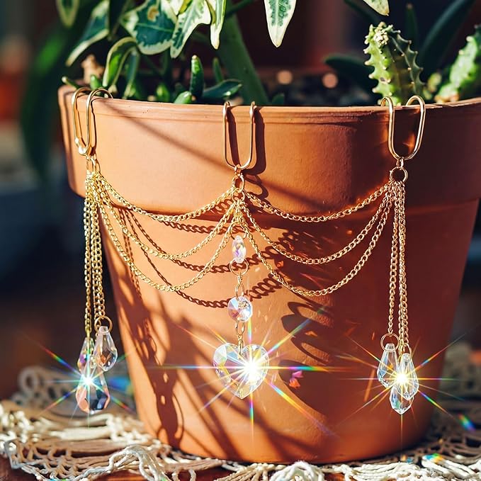 Sun Catcher Plant Hanger with Beads and Glass Crystal Beaded Plant Accessories for Indoor Home Rainbow Decor Pot Accessory(Flower Pot Not Included) (Heart)