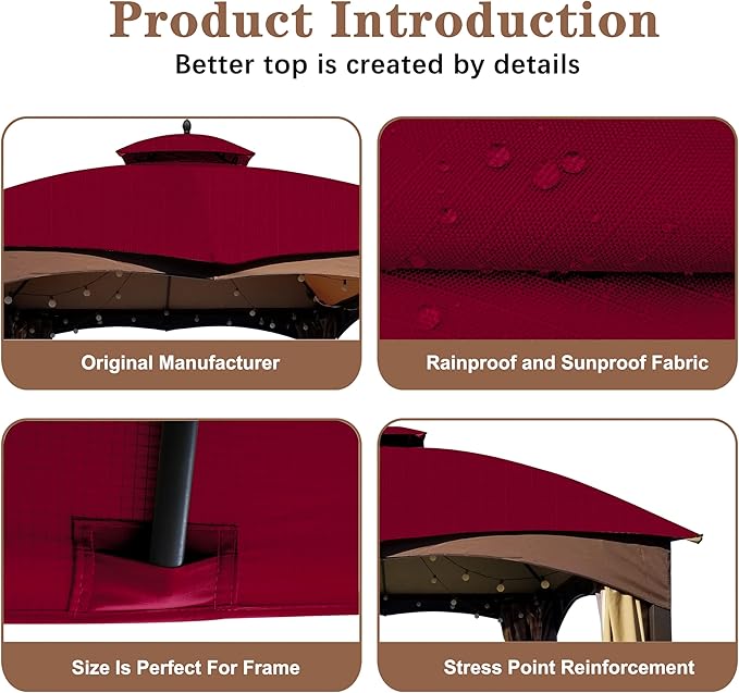 SCOCANOPY Burgundy Ripstop Replacement Roof for Lowe's Allen Roth 10X12 Gazebo Model #GF-12S004B-1/ GF-12S004BTO/TPGAZ17-002C