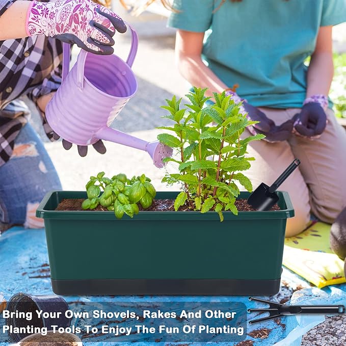 Window Box Planter 8 Pcs, 17 Inches Rectangle Flower Pots with Drainage Holes & Trays, Vegetable Planters for Windowsill Patio Garden Balcony Home Indoor Outdoor (Dark Green, 16 * 7 * 6 inch)