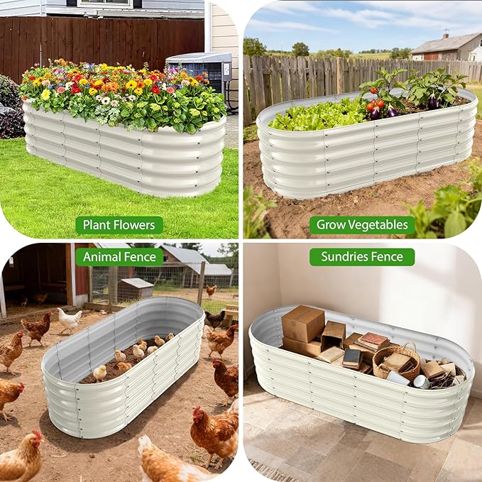 17" Tall Outdoor Garden Raised Garden Bed Kits, 5ft X 2ft Oval,0.8MM Thick Metal Raised Planter Bed/Ground Planter Box for Variety of Flowers,Herbs,Vegetables (Cream White, 60X24X16.5 Inches)