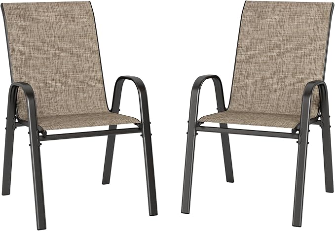PHI VILLA Patio Chairs Set of 2, Outdoor Stackable Dining Chairs with E-Coating Metal Frame and Upgraded Textilene Fabric, All Weather Deck Chair 350 LBS Capacity for Porch Poolside Garden