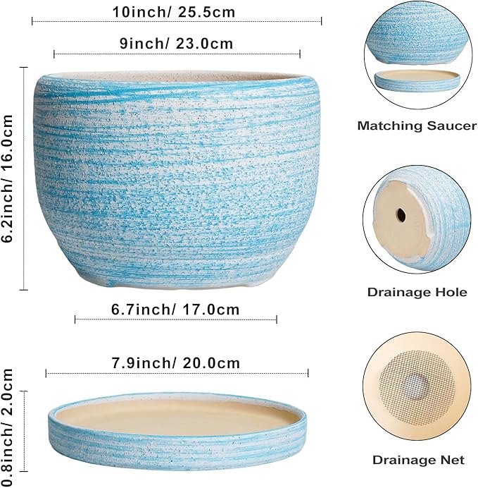 SQOWL Ceramic Plant Pots - 10 Inch Ceramic Flower Pots with Drainage Hole and Saucer, Round Large Planter for Indoor Outdoor, Decorative Modern Planter, Kitchen Decor, House Warming Gifts, Blue