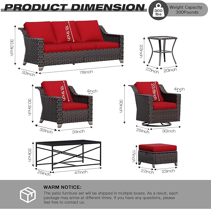 Joyside Wicker Patio Furniture Sets, 8 Pieces Upgraded Large Size Outdoor Furniture with 4 Swivel Rocking Patio Chairs, 3-Seat Sofa, Fire Table, Coffee Table, Thick Cushions, Wide Armrest, Red