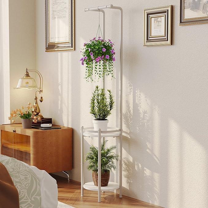 Plant Stand Indoor Outdoor - Heavy Duty Metal 2-tier Hanging Plant Holder Space-Saving Iron Plant Stands Tall Plant Shelf for Living Room Garden Balcony (White)