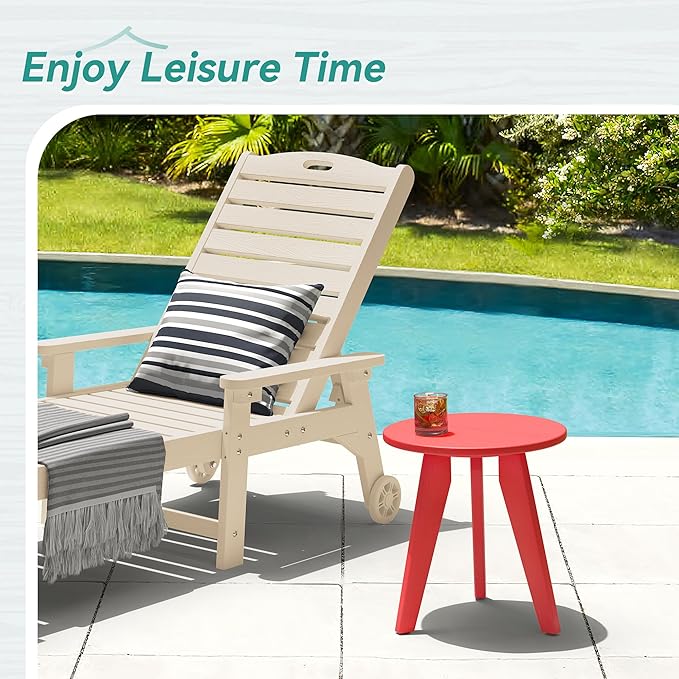 HDPS Outdoor Side Table, Small Round Side Table Weather-Resistant, Outdoor Side Tables for Patio, Porch, Deck, End Table for Plant Stand, Living Room, Bedroom, Red