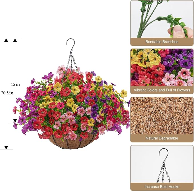 Artificial Faux Hanging Plants Flowers Basket for Outdoors Spring Summer Decoration,Hanging Planters with Fake Silk Flowers UV Resistant Realistic for Outside Porch Patio Balcony Garden （6 Multicolor）