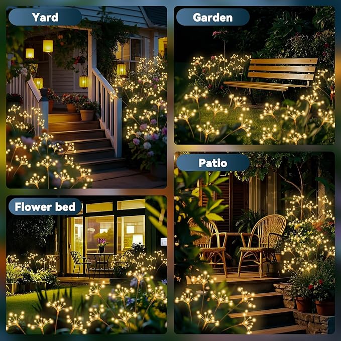 JJGoo Solar Garden Lights, New Upgraded 4 Pack Solar Swaying Starburst Light, Waterproof Fireworks Outdoor Lights, Yard Patio Pathway Decoration, Warm White