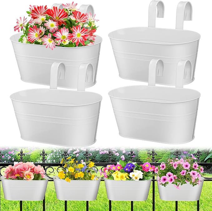 MADHOLLY Railing Planter with Drainage Holes - Sturdy Bucket Pots for Railing Fence, Countryside Style Metal Flower Pots for Herbs Balcony Garden Yard Decor, 4Pcs, White