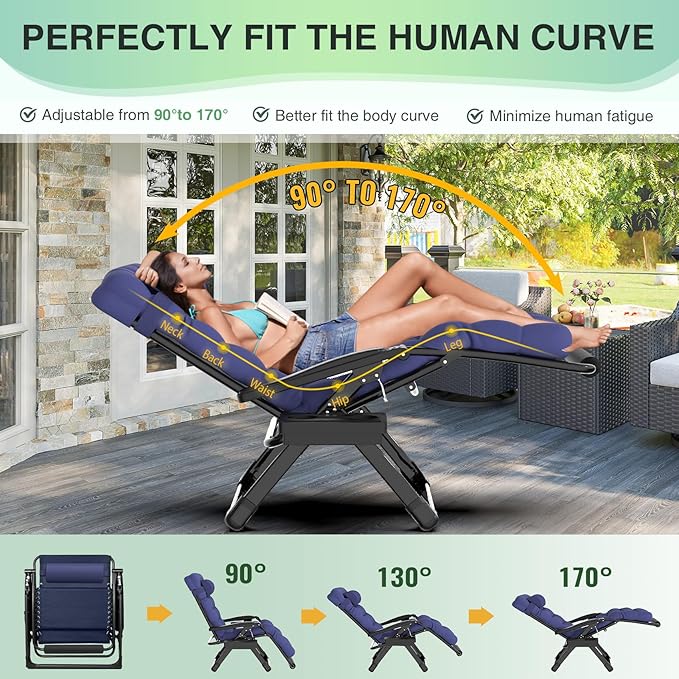 Suteck Oversized Zero Gravity Chair,33In XXL Outdoor Recliner Chair w/Removable Cushion&Headrest, Camping Lounge Chair w/Upgraded Lock&Footrest, Reclining Patio Chairs for Indoor Outdoor,500LBS