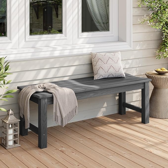 Stoog Outdoor Bench, 2-Person Outdoor Poly Lumber Backless Bench, Weatherproof Garden Bench, Never Rot or Fade, Suit for Church, Backyard, Porch and Park, Grey