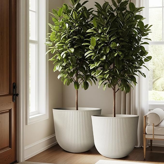 WORTH Garden Round Large Planter Pot Set of 2-17.5" Dia x 15.5" H - Durable Plastic Beige Plant Tree Pots with Vertical Stripe Textured Finish, Drainage Hole for Indoor, Outdoor, Front Porch, Patio