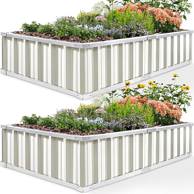 KING BIRD Raised Garden Bed 68" x 36" x 12" (2 Packs) Galvanized Steel Metal Outdoor Planter Kit Box for Vegetables, Flowers, Fruits, and Herbs, Ivory