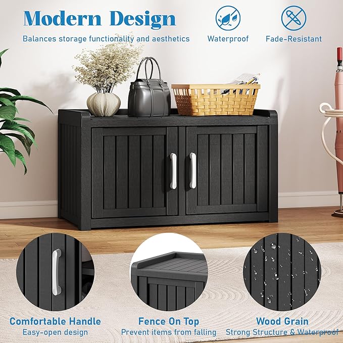 2-Tier Storage Bench, Waterproof UV-Resistant Outdoor Shoe Storage Cabinet with 2 Doors & Adjustable Shelves for Indoor Outdoor Entryway, Hallway, Living Room (Raven Black)
