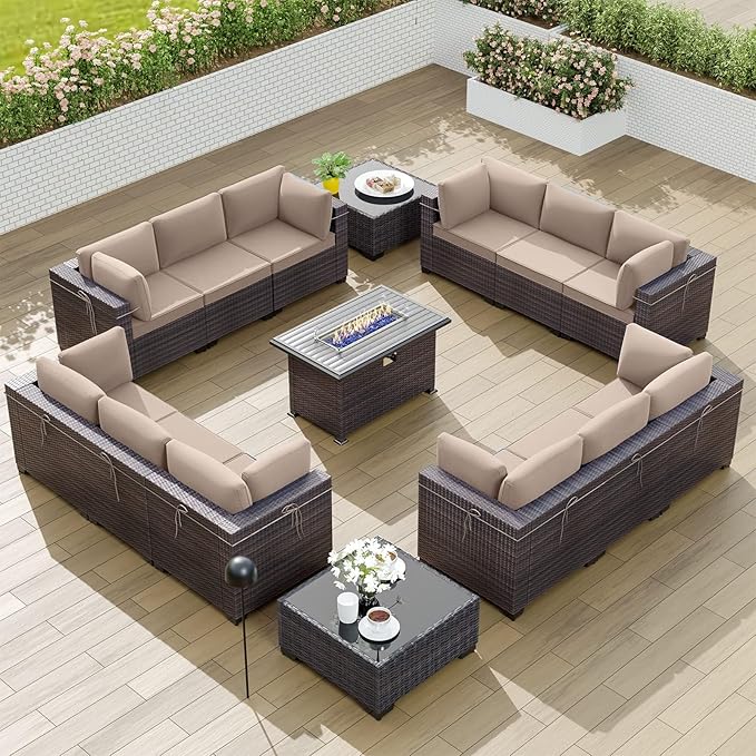 Kullavik 15PCS Outdoor Patio Furniture Set with 43" 55000BTU Gas Propane Fire Pit Table PE Wicker Rattan Sectional Sofa Patio Conversation Sets w/8 Coner Sofas,Sand
