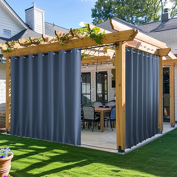 NICETOWN 2 Panels Outdoor Curtains for Patio Waterproof & Windproof, Extra Wide Grommet & Back Tab on Top & Bottom Thermal Insulated Sun Blocking Drapes with Rope for Deck, Stone Blue, W100 x L84