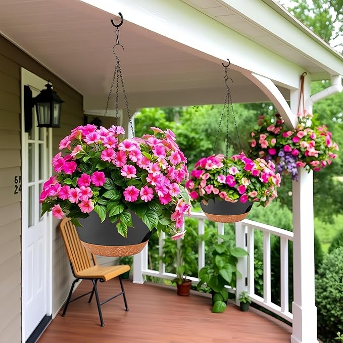 2 Pack 12 Inch Self Watering Hanging Planters for Indoor Plants, Large Black Brown Plastic Hanging Pots with Chains for Outdoor Patio Garden Home Decor Black Brown