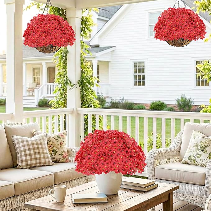 22 Pack Artificial Flowers Outdoor Fake Plants, Faux Flowers UV Resistant with Plastic Plants, Faux Silk Flowers for Outdoors Outside Front Porch Hanging Planter Window Box Garden Decoration(Red)